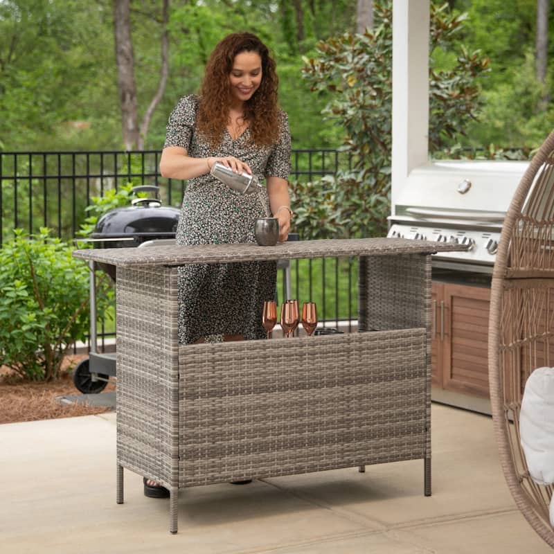 Indoor/Outdoor Wicker Rattan Patio Bar Counter Table with Two Shelves