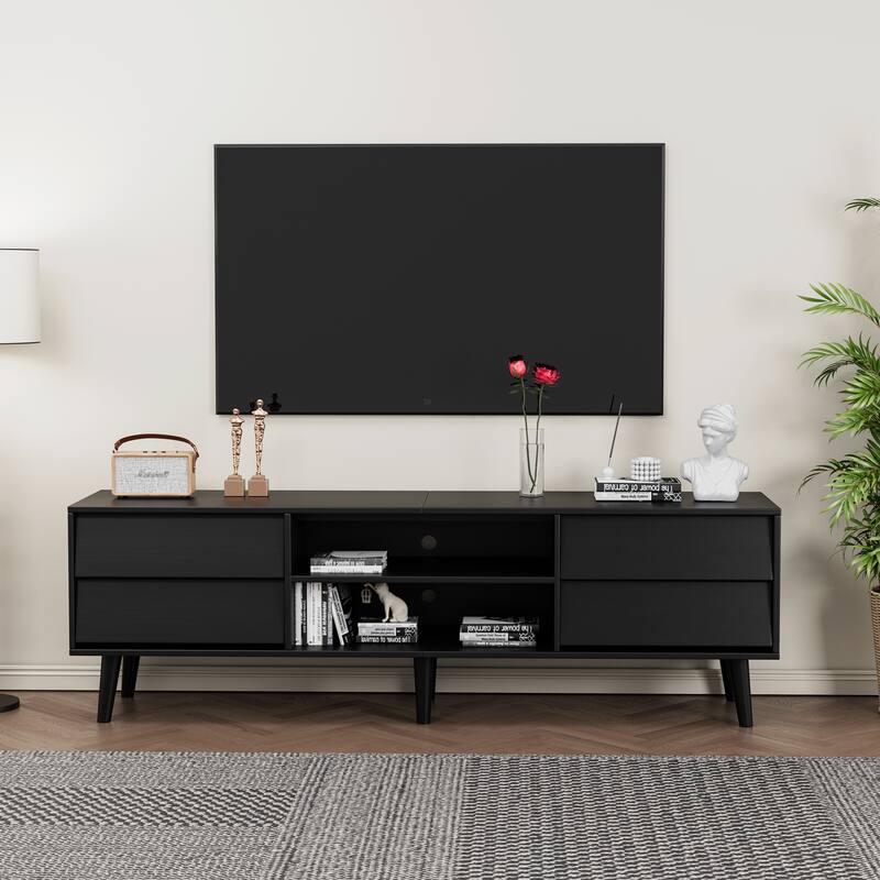 Black 63" TV Stand with Drawers and Solid Wood Legs, Vintage-Style Media Console for Living Room - Black