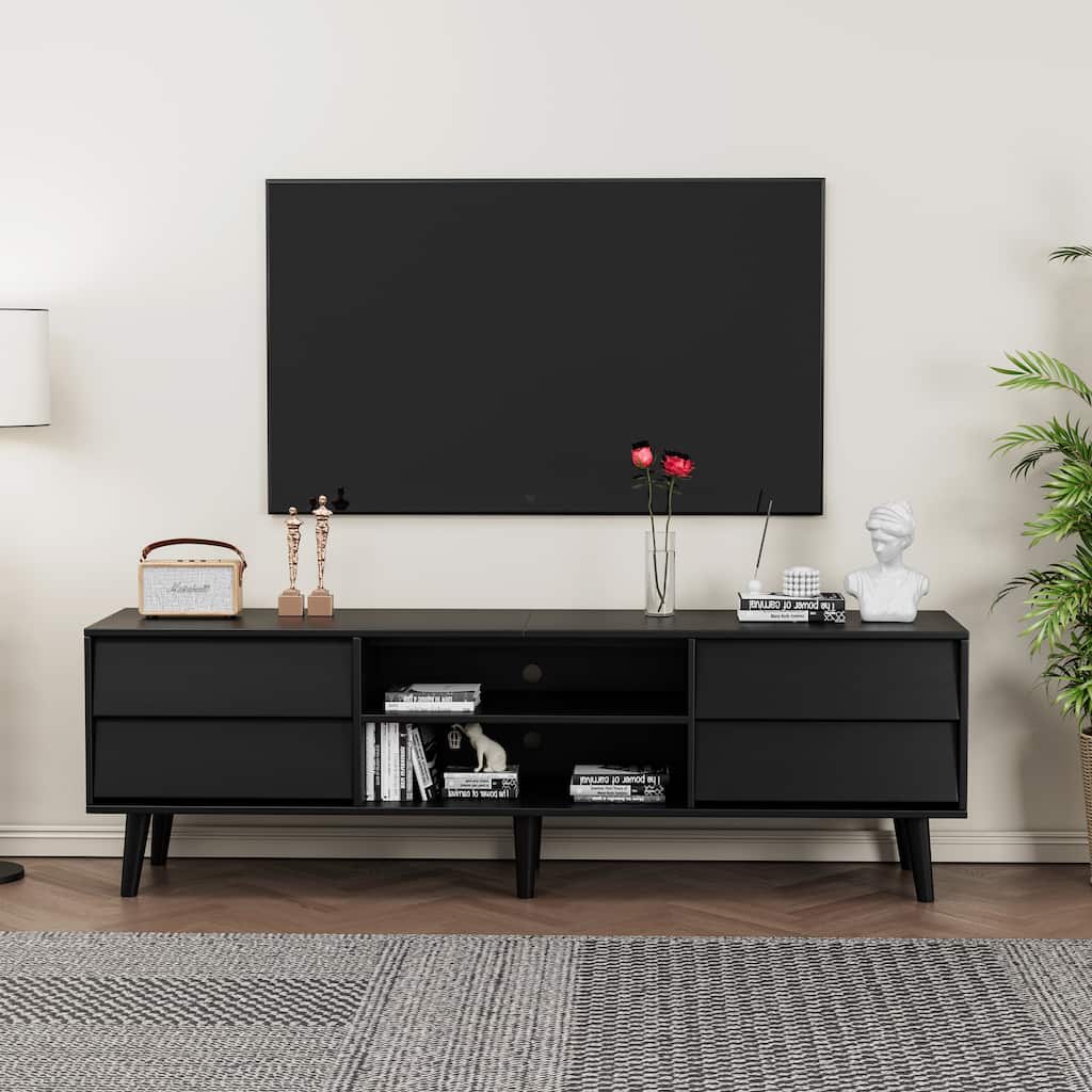 Vintage-Style TV Stand, TV Media Console with Bevel Design, 2 Shelves and 4 Drawers, for Living Room Bedroom, Black