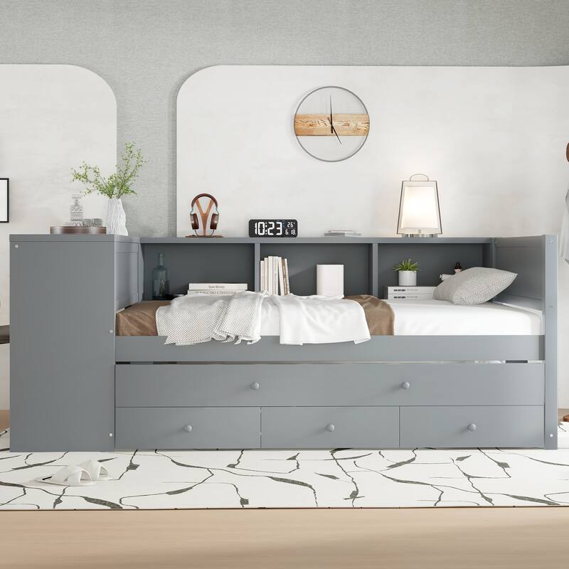 Twin Size Daybed with Trundle, Built-in Shelves, Drawers and Side Desk