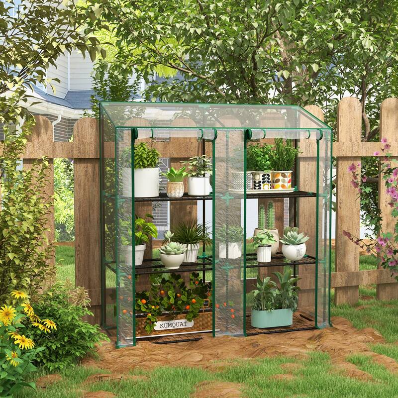 Outsunny 3 Tier Lean-to Greenhouse with 2 Roll-Up Zippered Doors,Portable Small Greenhouse, Clear