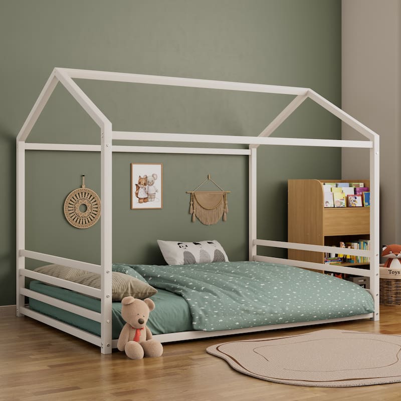 Montessori House Metal Floor Bed with End Guardrails by Harper&Bright Designs - White - Full