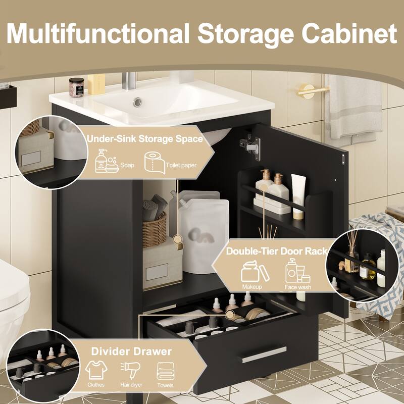 20-Inch Modern Bathroom Vanity with Ceramic Sink, Soft-Close Drawer & Door, Double-Layer Door Organizer, Divider Drawer