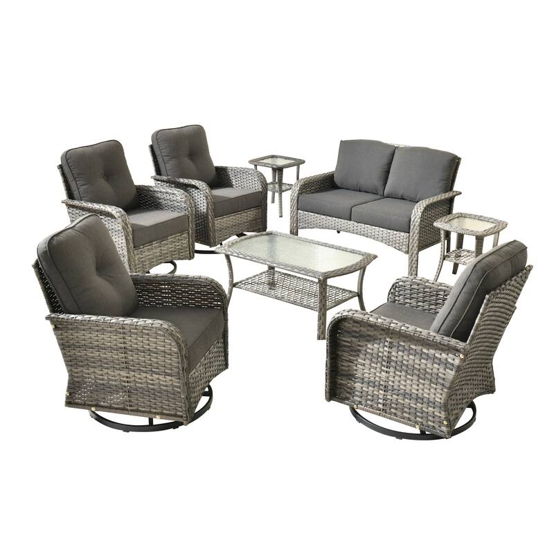 HOOOWOOO 8-piece Wicker Rattan Outdoor Furniture Patio Swivel Chair Set