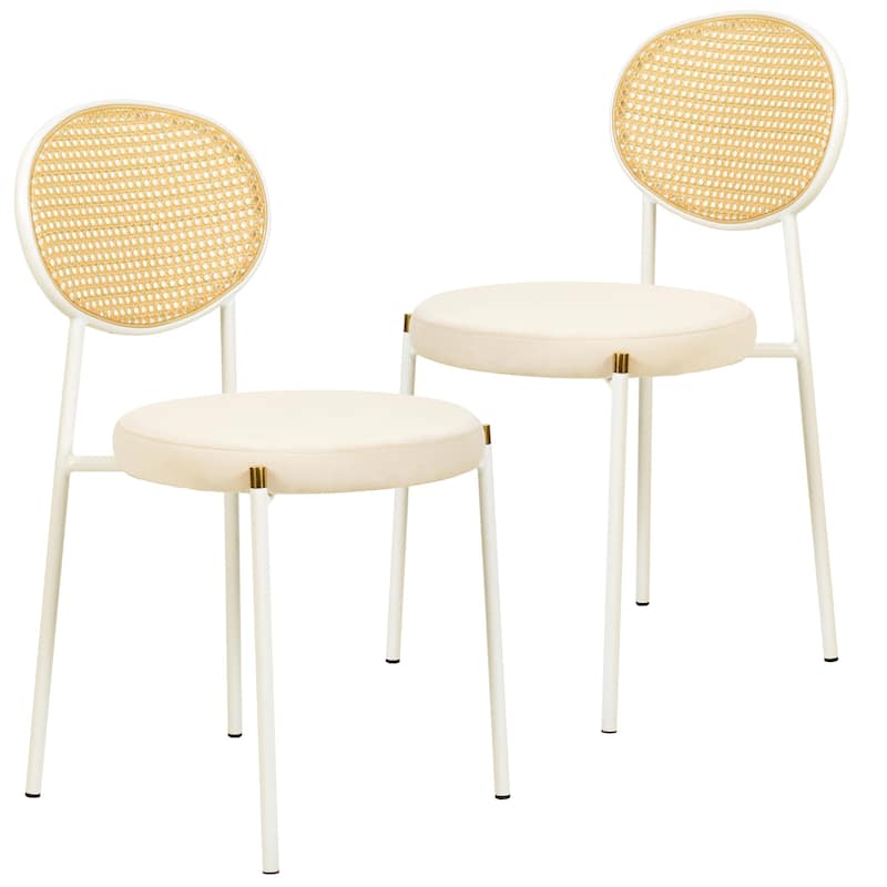 LeisureMod Euston Modern Dining Chair with Upholstered Velvet Seat - Wicker Back and White Stainless Steel Legs Accent Chair - Beige