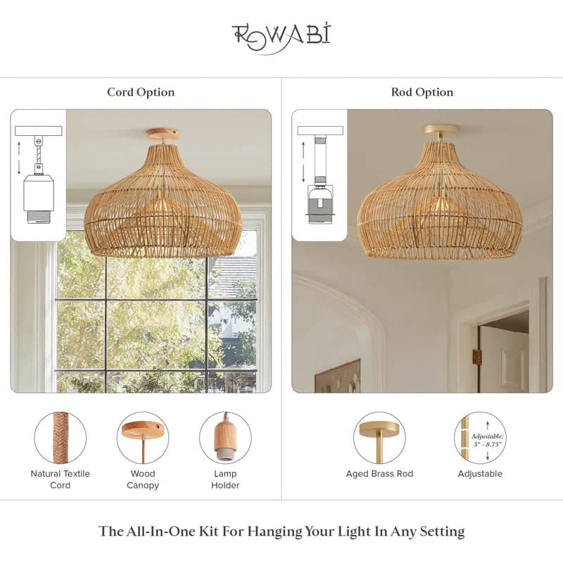 Oceania Rattan Flush Mount Rattan Natural Cone Handwoven Dimmable Ceiling Light for Bedroom or Hallway in Farmhouse, Boho Style