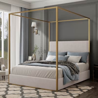 Metal Canopy Bed Upholstered Headboard Wingback Bed Four Poster Bed