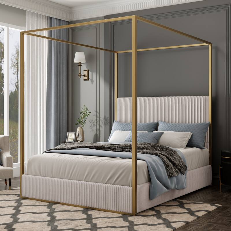 Metal Canopy Frame Platform Bed with Vertical Stripe Upholstered Headboard Wingback Bed, Four Poster Bed, Low Profile Panel Bed - Beige Gold - King