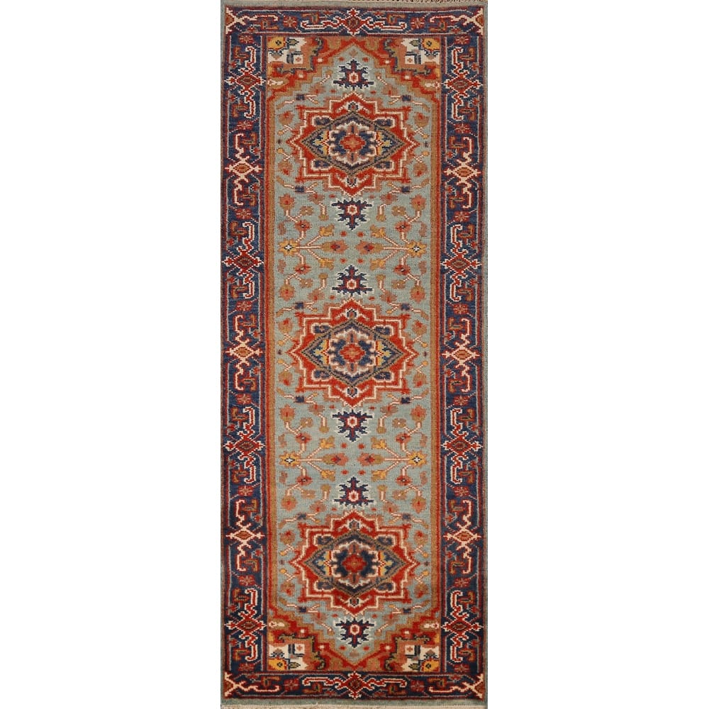 Heriz Serapi Indian Runner Rug Handmade Geometric Wool Carpet - 2'6" x 8'0"
