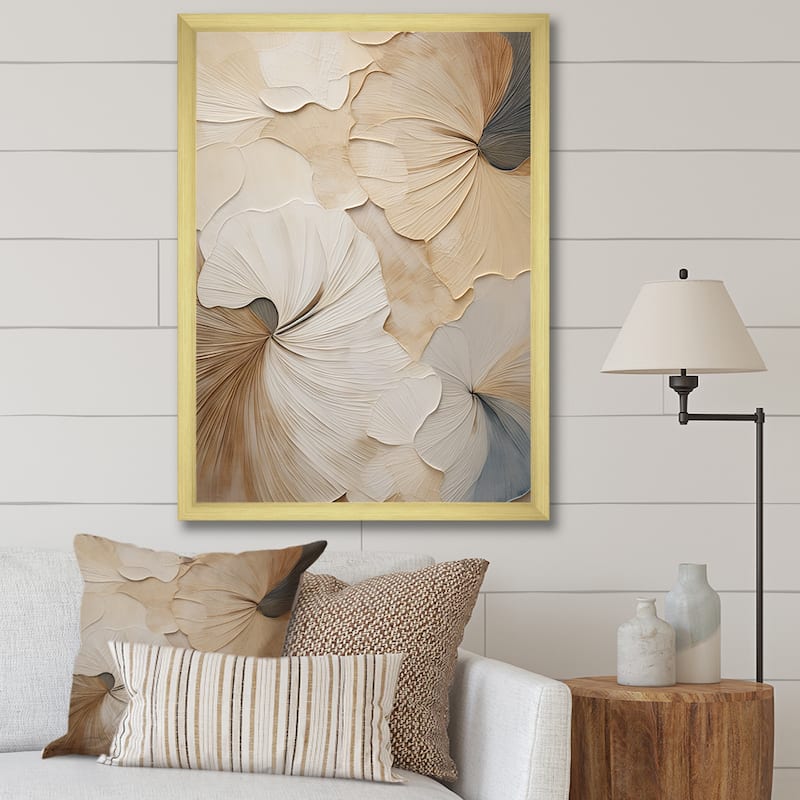 Designart "Beige Minimalism Elegance In Bloom " Flowers Framed Canvas Prints - 30 in. wide x 40 in. high - Gold