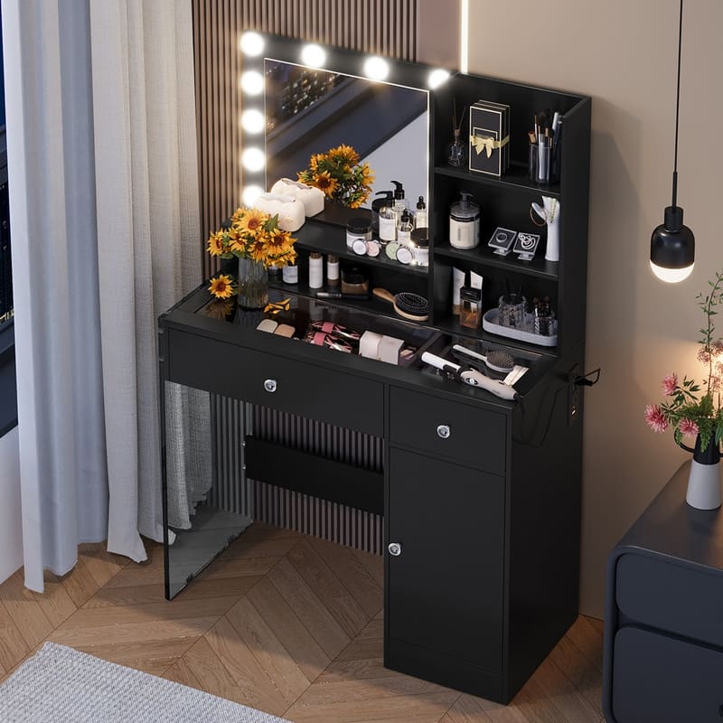 Vanity Dresser with Mirror and Stool Set Storage Drawers Luxury Furniture - Black