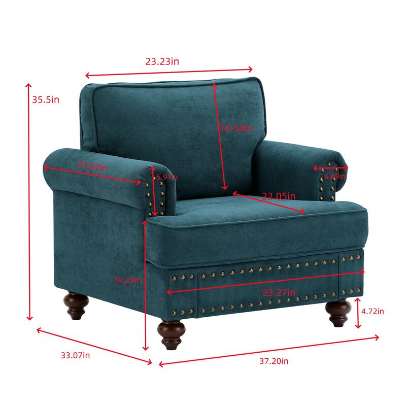 Lake Green Modern 37.2" Chenille Upholstered Accent Chair with Wood Legs and Nailheads for Living Room