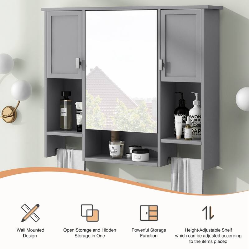 Mounted Bathroom Storage Cabinet, Medicine Cabinet with Towels Bar, Bathroom Medicine Cabinet with Mirror Door & Open Shelf