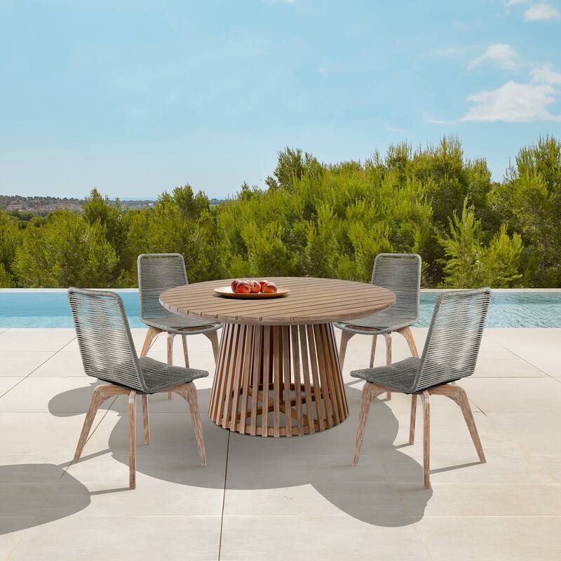 Island Modern Bohemian Solid Eucalyptus Wood and Woven Rope Outdoor Dining Chairs - Set of 2