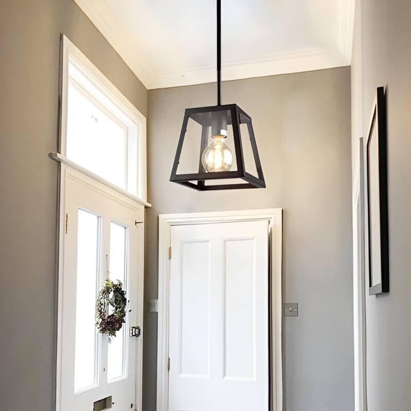 Minimalist Square Metal & Glass Chandelier - 1-Light Black Lantern Ceiling Fixture
