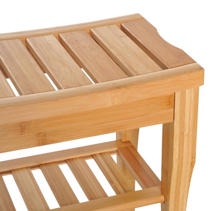 Bamboo Shower Bench Seat,Shoe Organizer,Wooden Stool with Underneath Storage Shelf