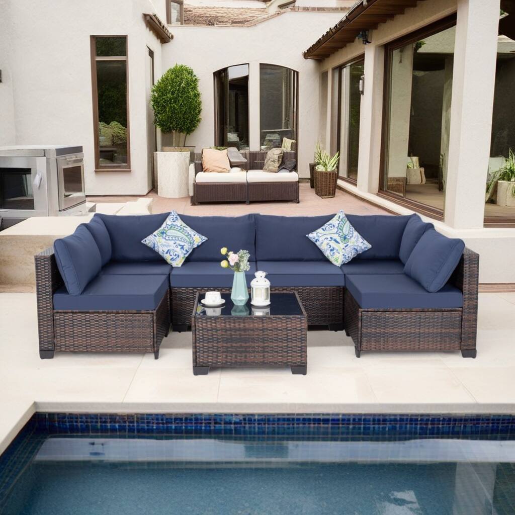 7-Piece Wicker Patio Conversation Set with Cushions,6 Sofas, 1 Table