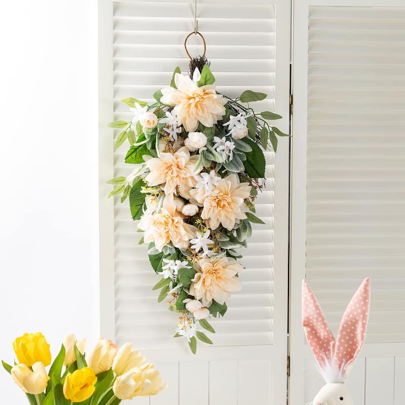 Glitzhome Peach Dahlia Floral Wreath Teardrop Garland