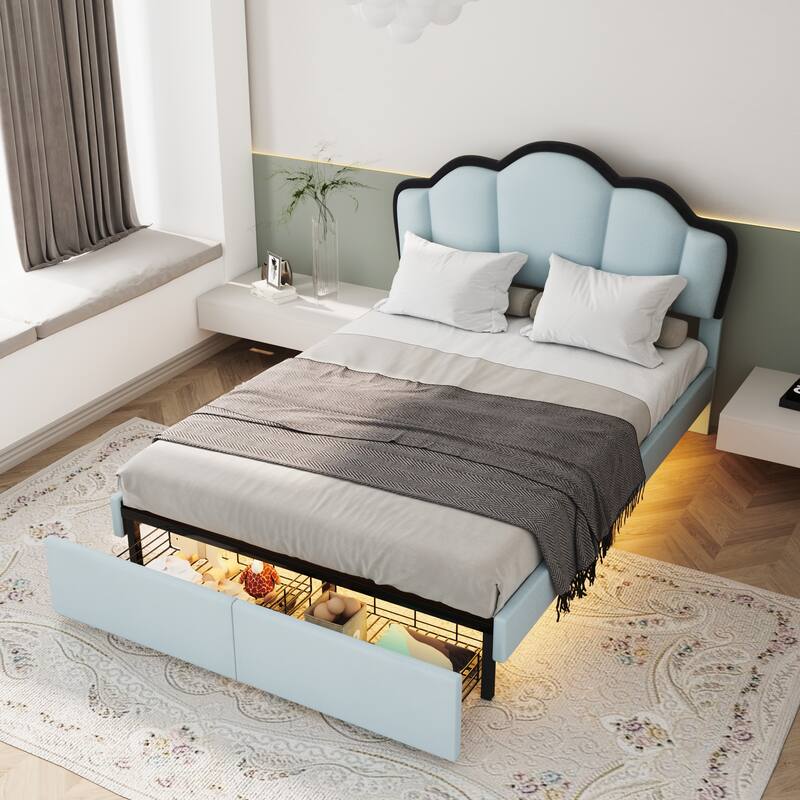 Full Size Upholstered Princess Platform Bed with LED Light Strips and 2 Storage Drawers, Modern Bed Frame with Headboard