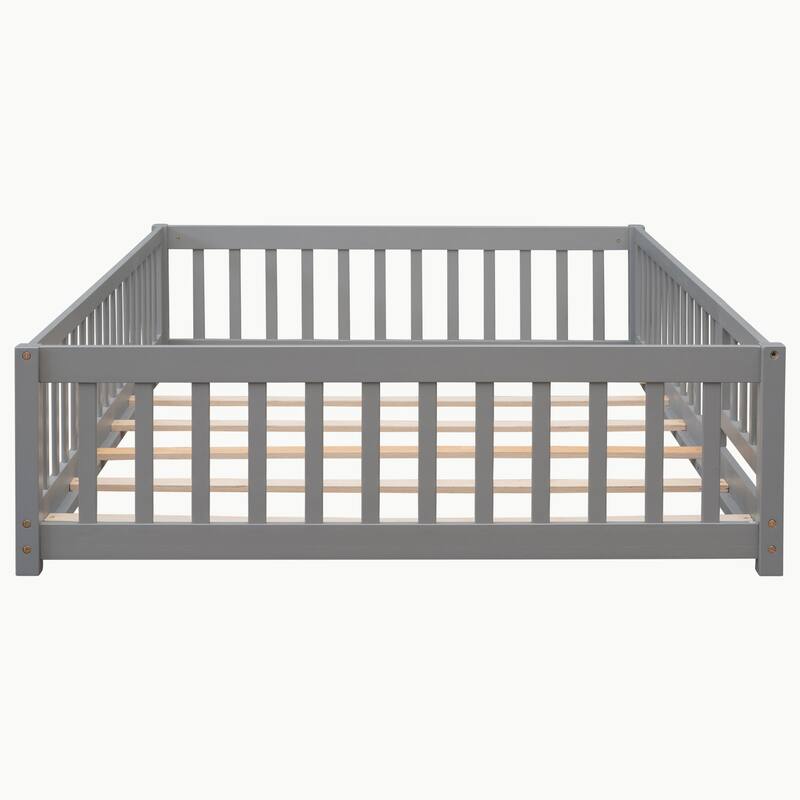 Pine Wood Floor Platform Bed with Fence and Door