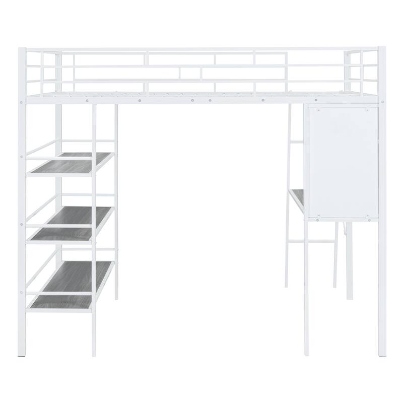 Stylish Loft Metal Bed with 3-Layer Shelves, Built-in Desk & Whiteboard - Modern Frame Design