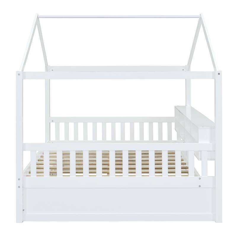 Full Wooden House Bed with Shelves and Mini-Cabinet - White/Gray