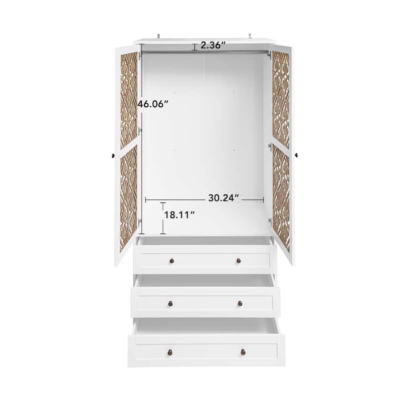 2-Door 3-Drawer Wardrobe with Hollow Pattern, Wood Two-Tone Armoire