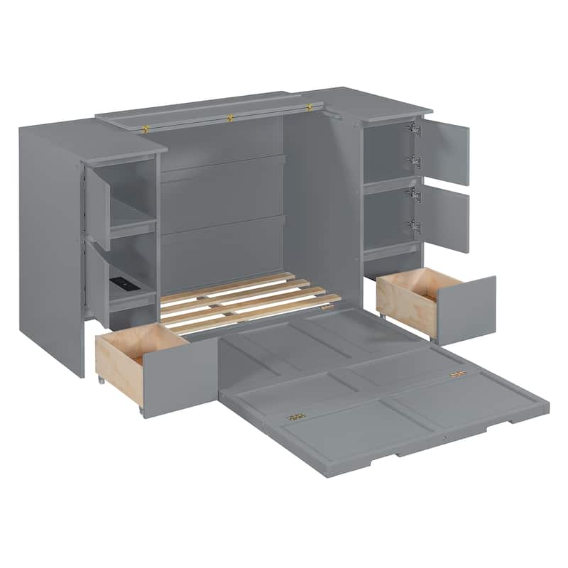 Modern Style Murphy Bed with Drawers, Cabinets and USB Ports for Bedroom