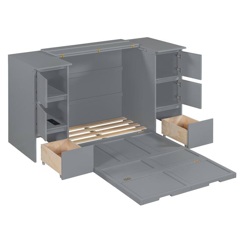Twin Murphy Bed with Storage Drawers, Cabinets, and USB Charging - Ideal for Small Spaces