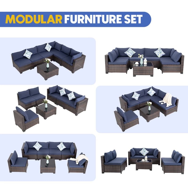 6pcs Wicker Patio Conversation Set Seating Loveseat Sofa with Ottomans