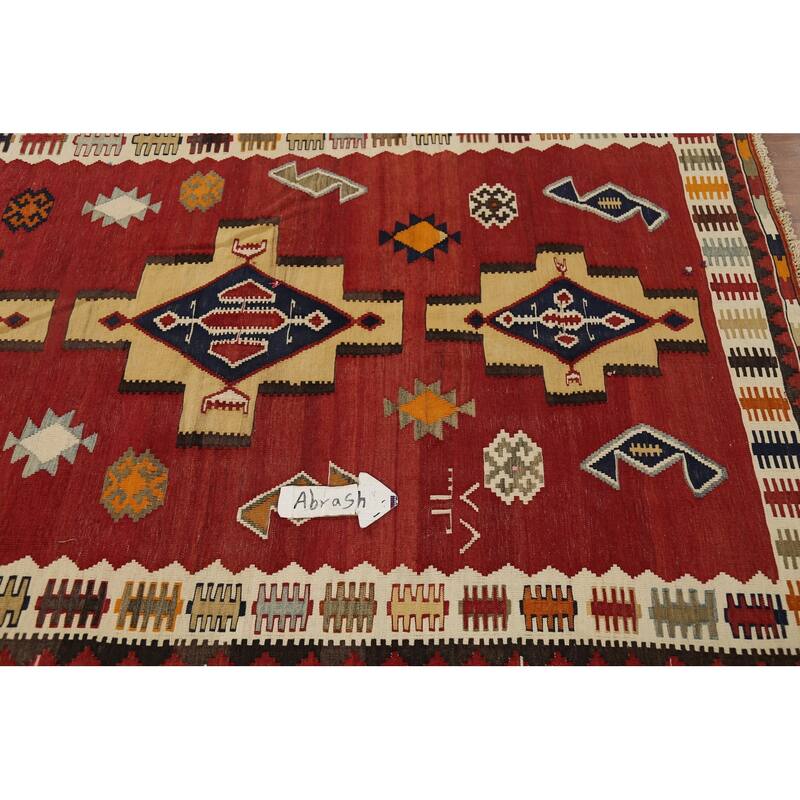 Red Kilim Qashqai Persian Vintage Rug Hand-Knotted Wool Carpet - 4'3"x 7'2"