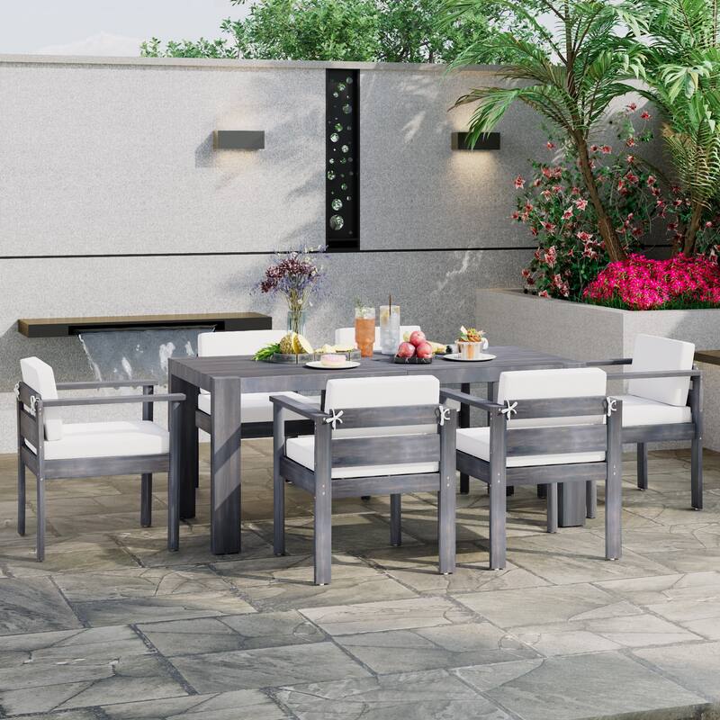 7-Piece Outdoor Dining Set with Rectangular Acacia Wood Table and Cushioned Chairs, Weather-Resistant Patio Furniture