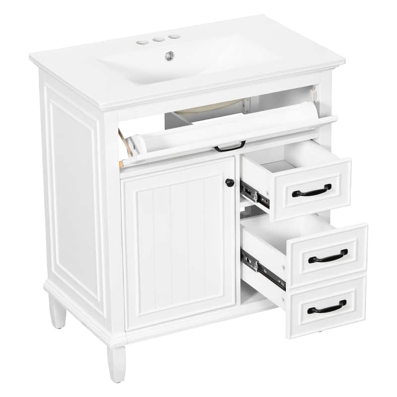 30 Inch Bathroom Vanity with Ceramic Sink Top, Flip Drawers, Freestanding Storage Cabinet (Faucet Not Included)