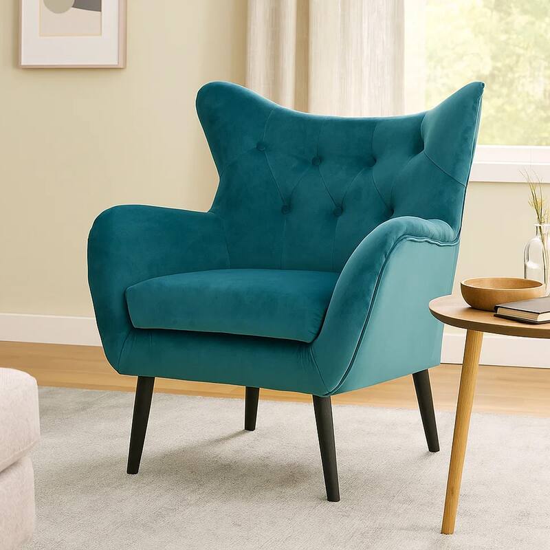 Riho Accent Armchair, Wingback Button Tufted, Teal Velvet