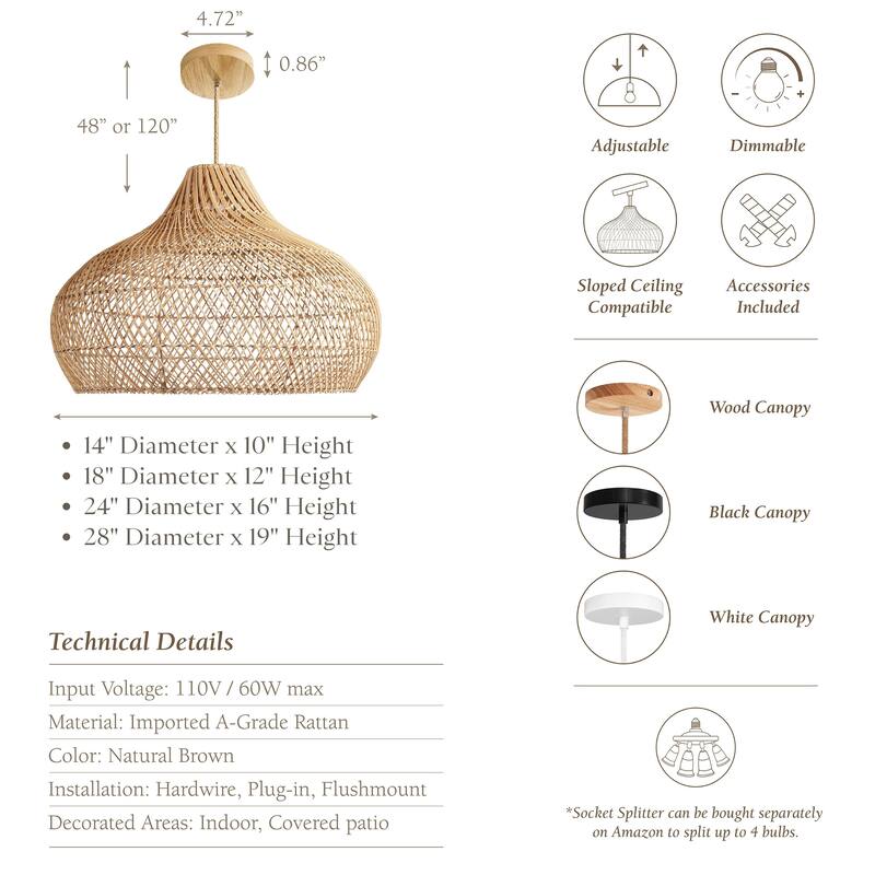 Kloe Rattan Pendant Light - Natural Brown Dome 1-Light Handwoven Ceiling Light For Transitional, Farmhouse, Coastal Room Decor