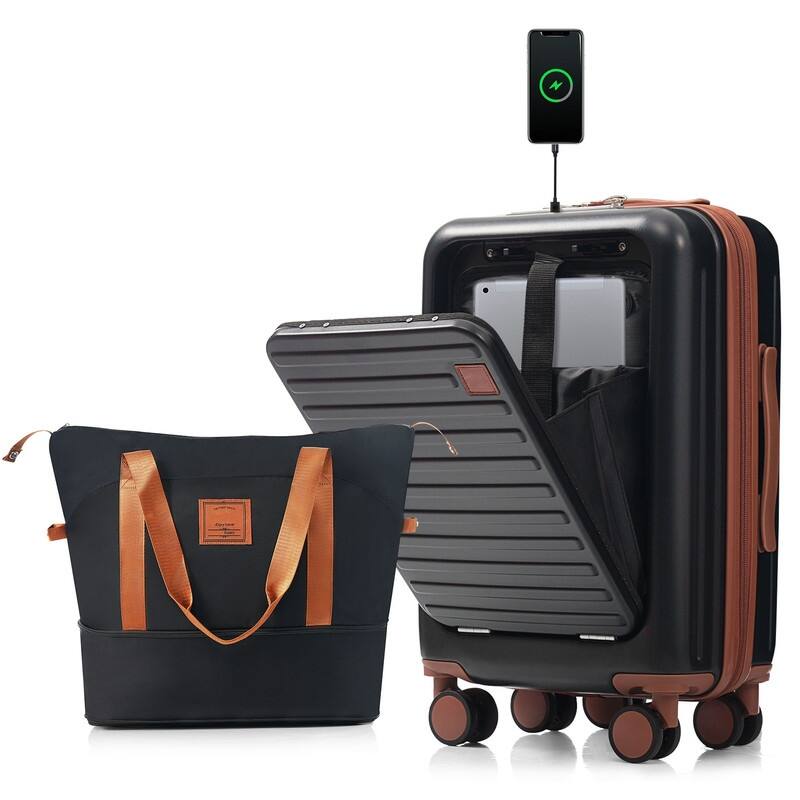 Front Opening 20-Inch Carry-On Luggage with Expandable Travel Bag Set - Black