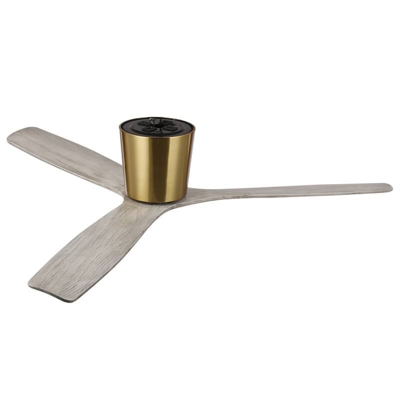 54" Modern Minimalist Weathered Solid Wood Gold Flush Mount Ceiling Fan with Remote and 6-Speed DC Motor