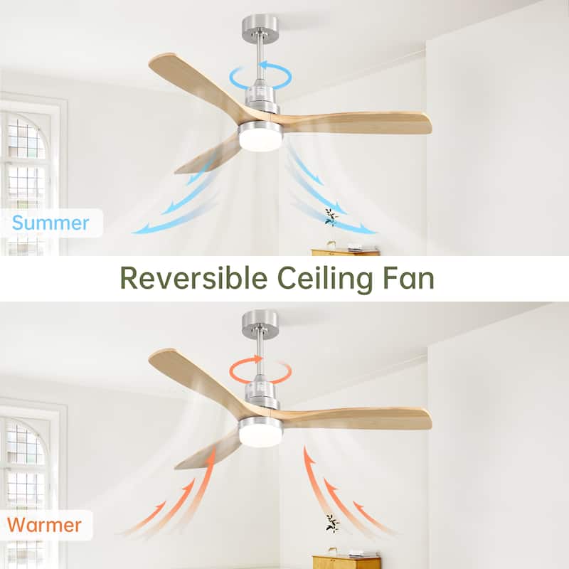 52 Inch Smart Ceiling Fan with Sand Nickel Finish 3 Natural Wood Blades LED 18W Triple Color Dimmable Memory Lighting