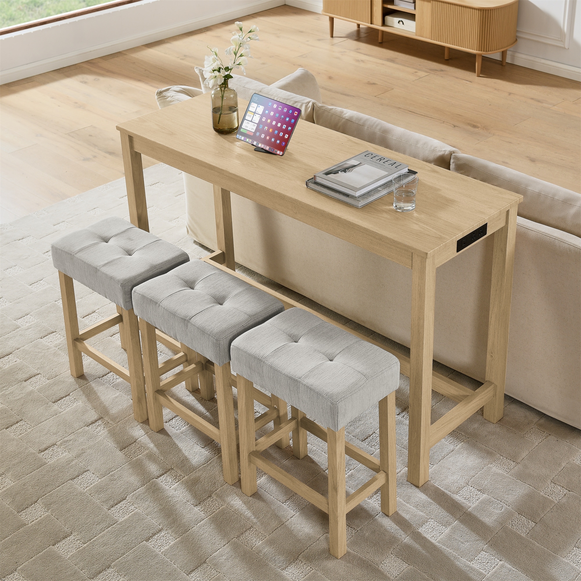 59-Inch Multi-Purpose Bar Table Set with Power Outlet & Upholstered Stools – Ideal for Dining, Living Rooms, and Kitchens‌.