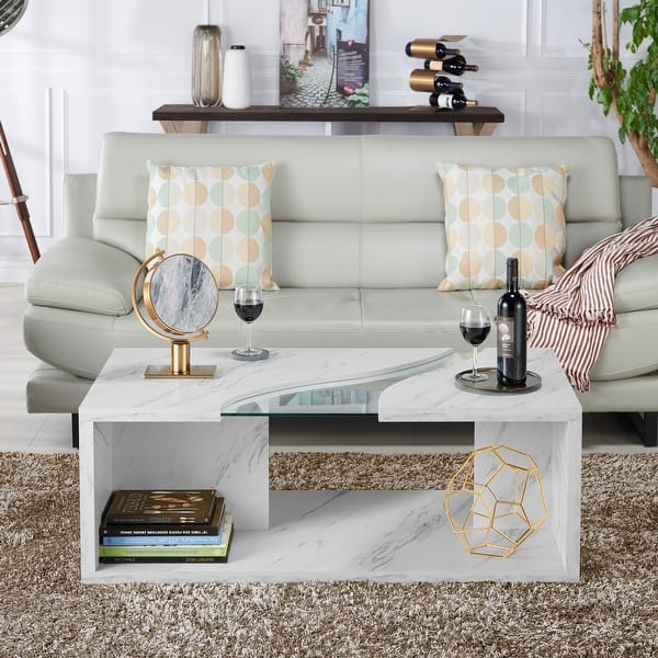 slide 2 of 21, Kobe Modern Faux Marble Veneer Coffee Table with Shelf by Furniture of America White-Standard