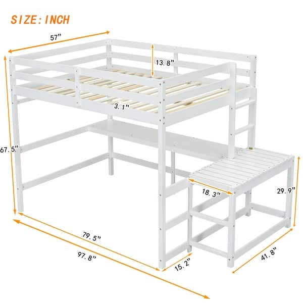 dimension image slide 1 of 2, Full Size Pine Wood Loft Bed Frame with Built-in Desk, Ladders, Guardrails for Kids Girls Boys, No Need Spring Box