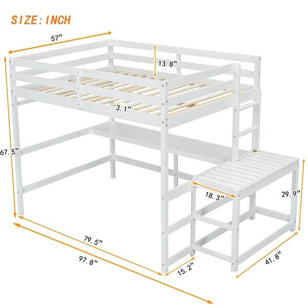 White Full Wood High Loft Bed with Desk & Guardrails
