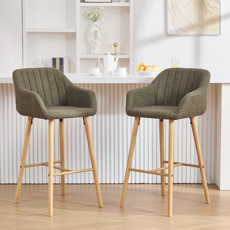 Modern Bar Stools Set of 2, Kitchen Island Tall Chairs with Back, Arm, Footrest and Solid Wood Leg, Upholstered Bar Stools