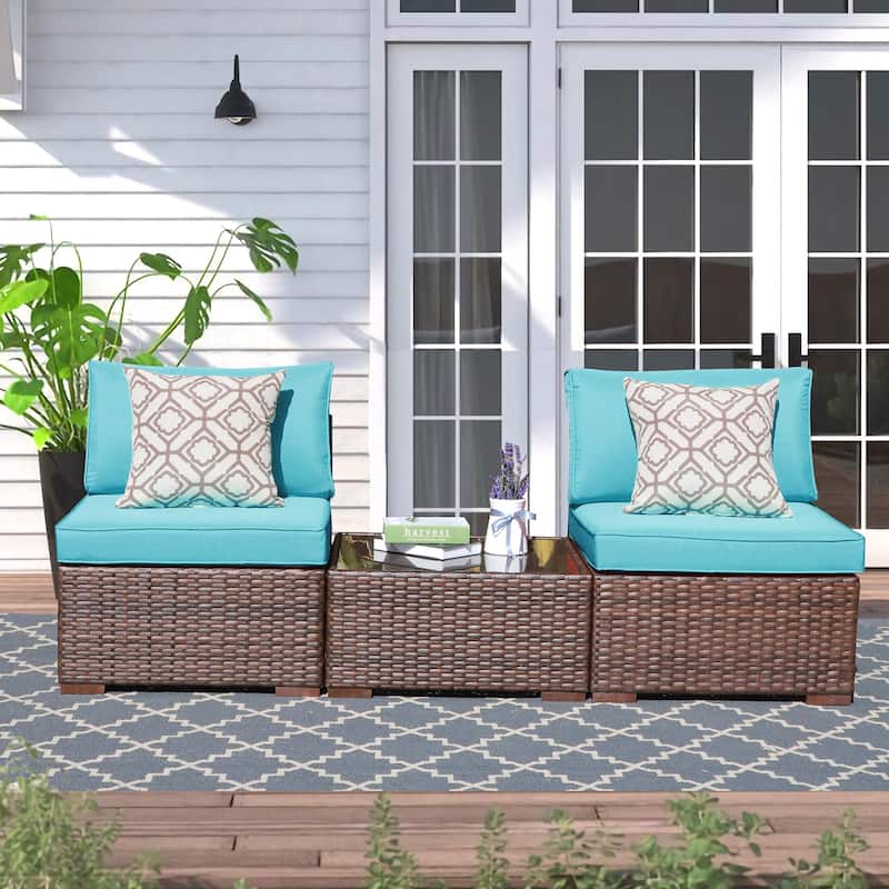3-Piece Patio Modular Sofa Wicker Armless Chairs with Coffee Table - Blue