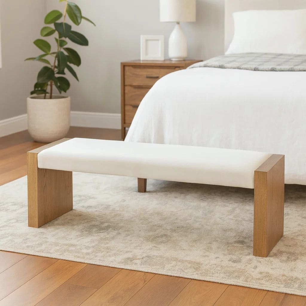 Rux 68 Inch Dining Bench, White Upholstery, Grain Details, Brown Wood