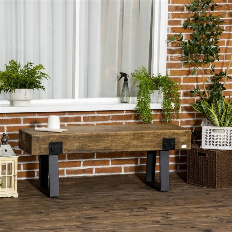 Rustic Garden Bench with Concrete Wood Grain Top and Metal Sled Base for Indoor or Outdoor Use - 48" L x 16.25" W x 18" H