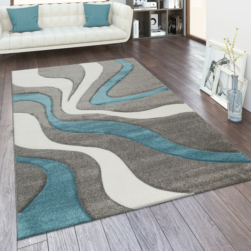 Designer Area Rug with Contour Cut and Modern Wave Pattern - 2' x 3'7" - Grey-blue