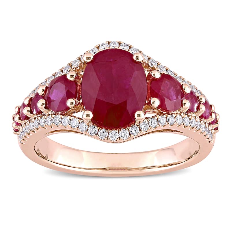 Miadora 14k Rose Gold Oval & Round-cut Ruby & 1/3ct TDW Diamond Graduated Halo Engagement Ring
