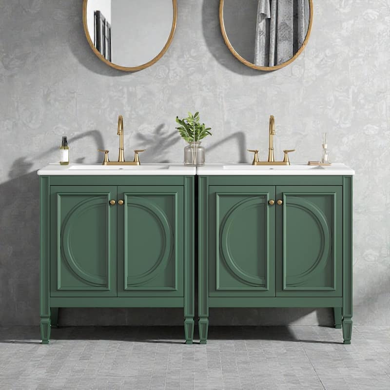 60" Double Sink Bathroom Vanity Set with Ceramic Tops, Soft-Close Doors, Storage Shelves & Drawer, Solid Wood Frame - Green