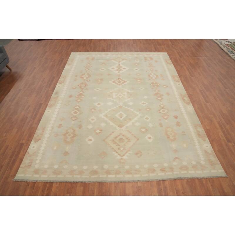 Hand Woven Oriental 100% Wool Carpet Southwestern Tribal Green Kilim Area Rug - 13' 0'' X 9' 9''